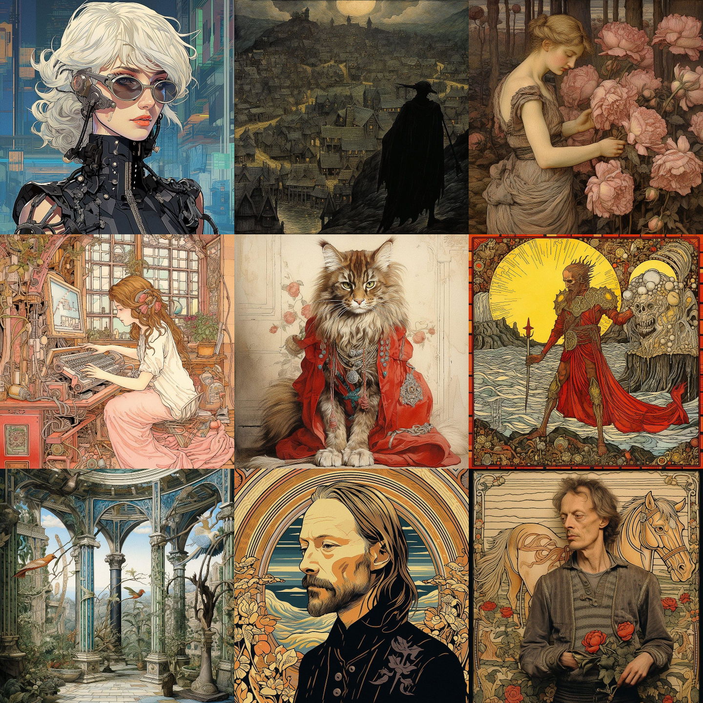 Walter Crane style, Midjourney V5.2: cyberpunk character by Walter Crane