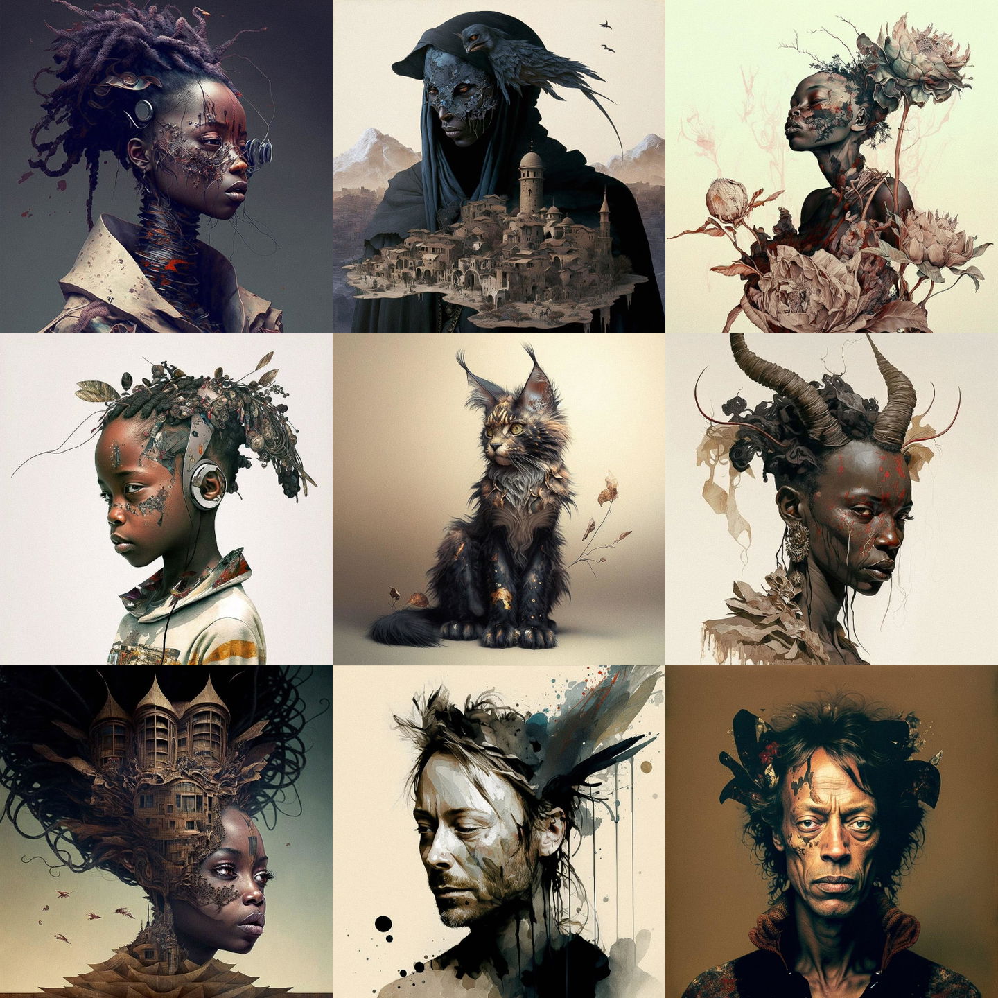 Wangechi Mutu style, Midjourney V4: cyberpunk character by Wangechi Mutu