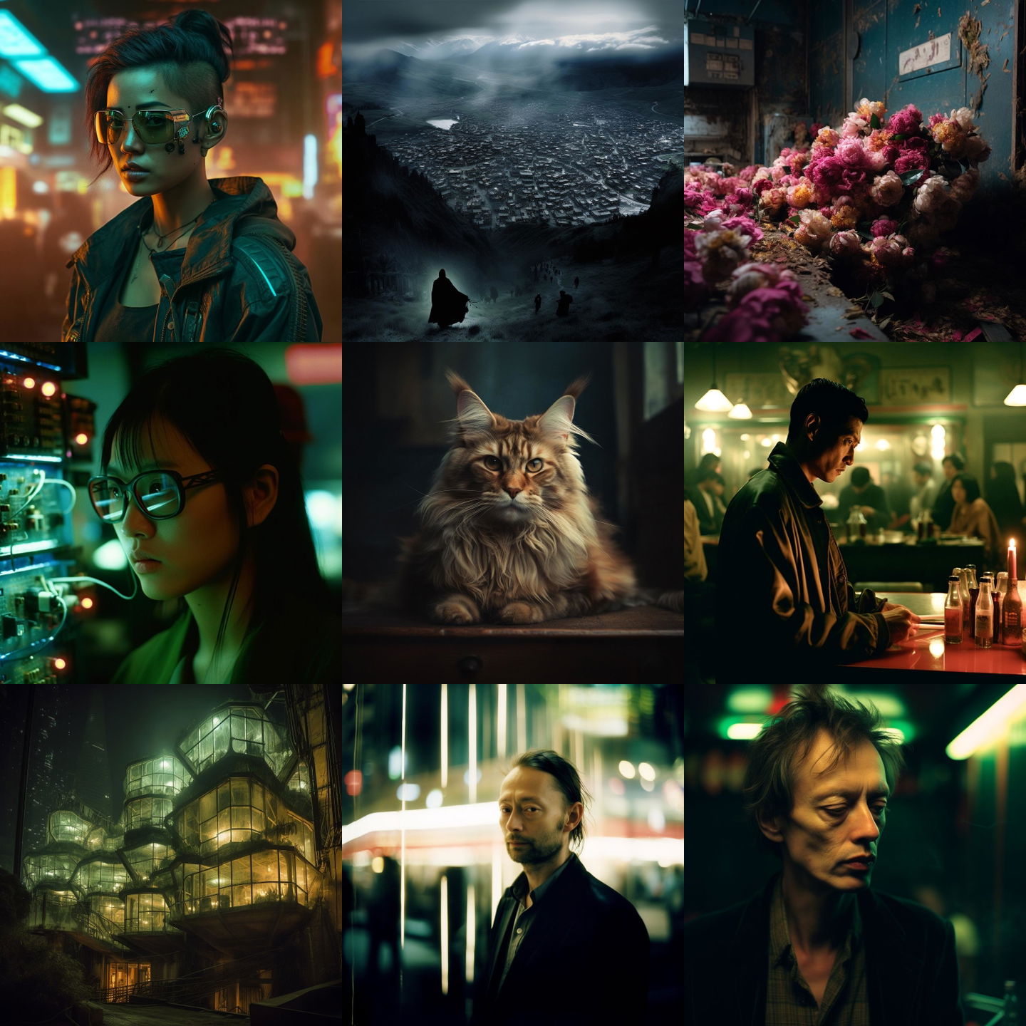 Wong Kar-wai style, Midjourney V5: cyberpunk character by Wong Kar-wai