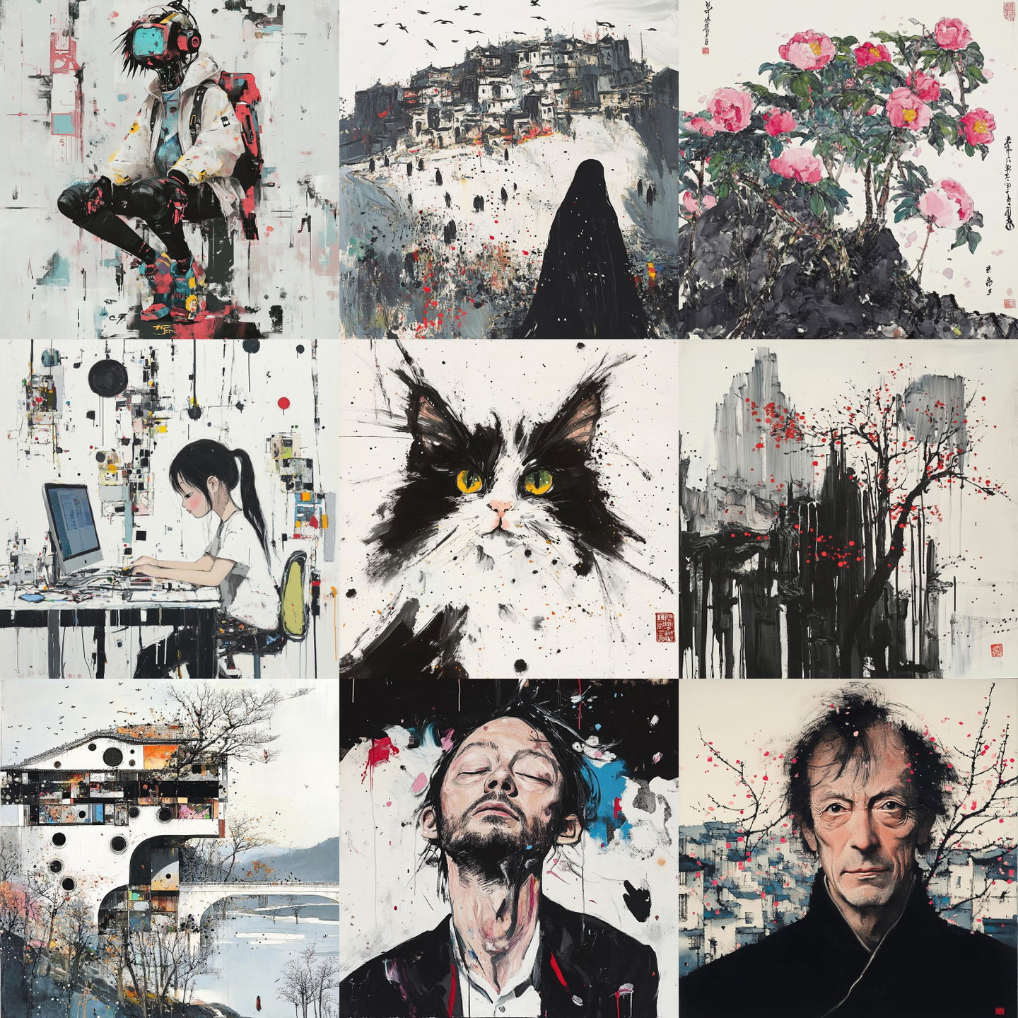 Wu Guanzhong style, Midjourney V6.1: cyberpunk character by Wu Guanzhong