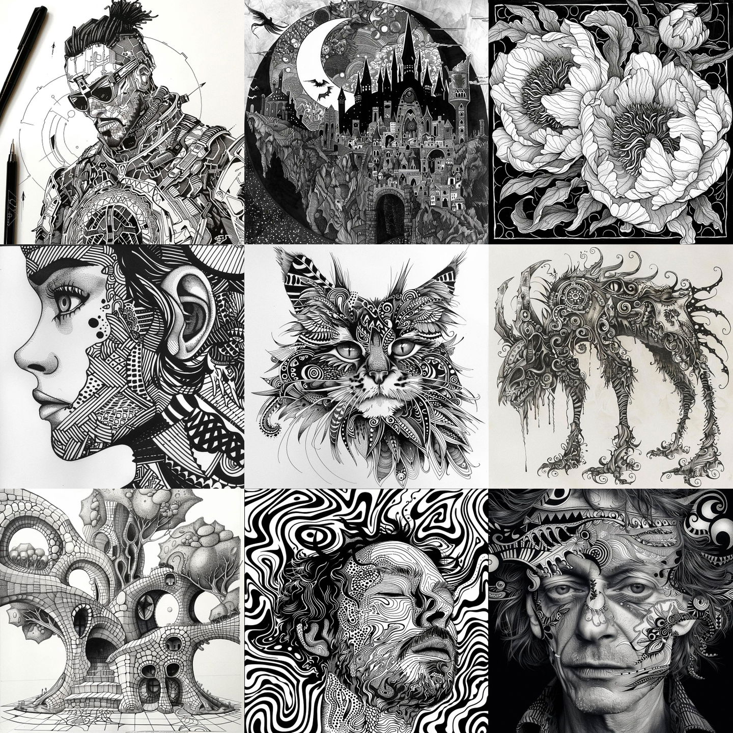 Zentangle style, Midjourney V6: cyberpunk character as Zentangle