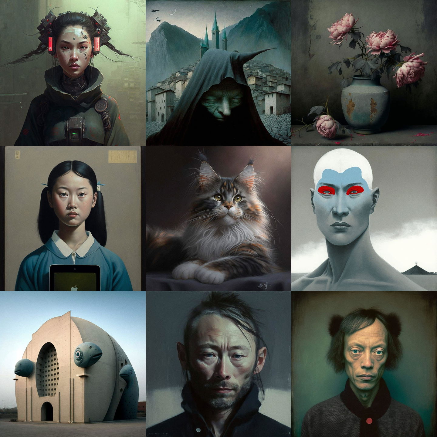Zhang Xiaogang style, Midjourney V4: cyberpunk character by Zhang Xiaogang