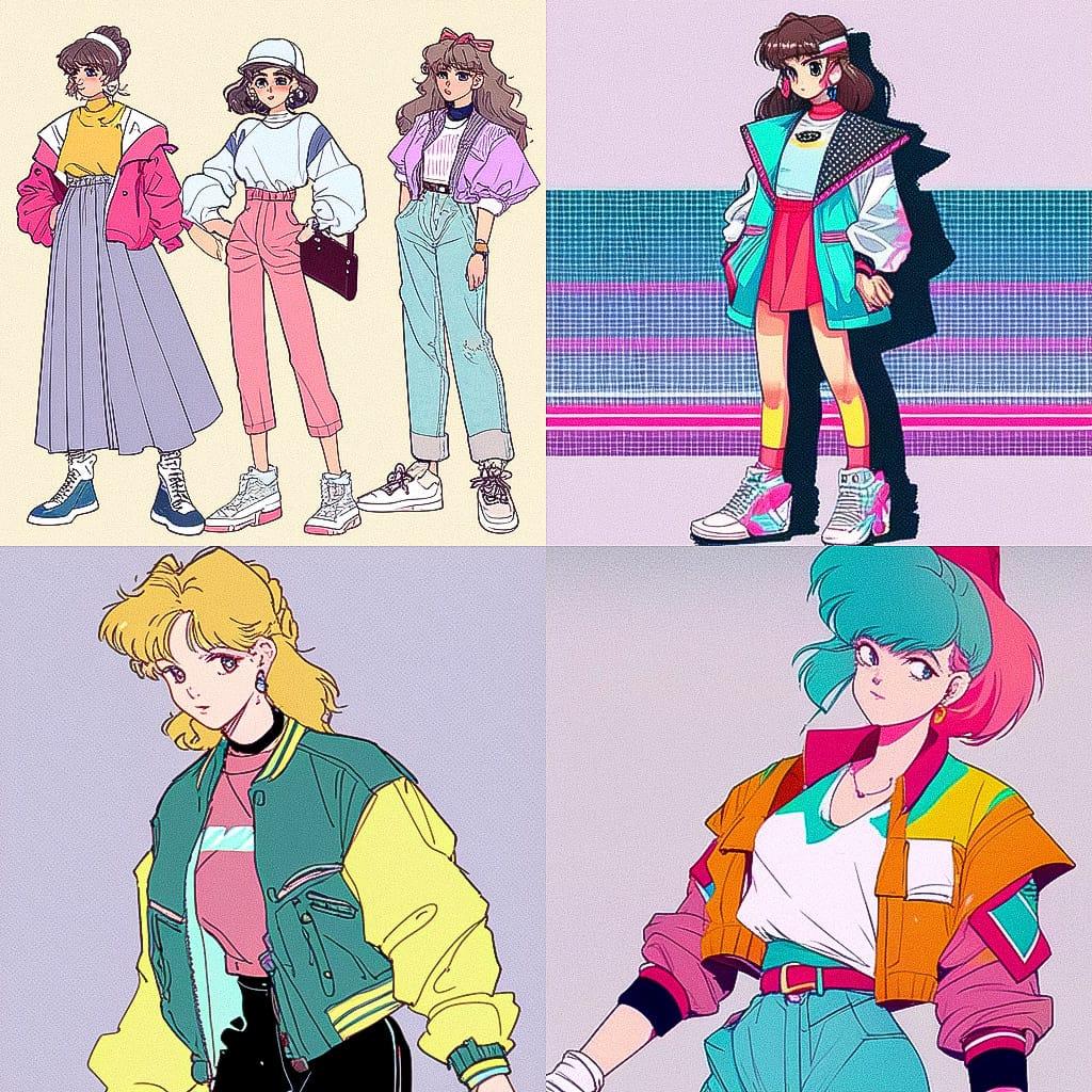 1980s fashion style, Midjourney Niji 4, render 1 of 4