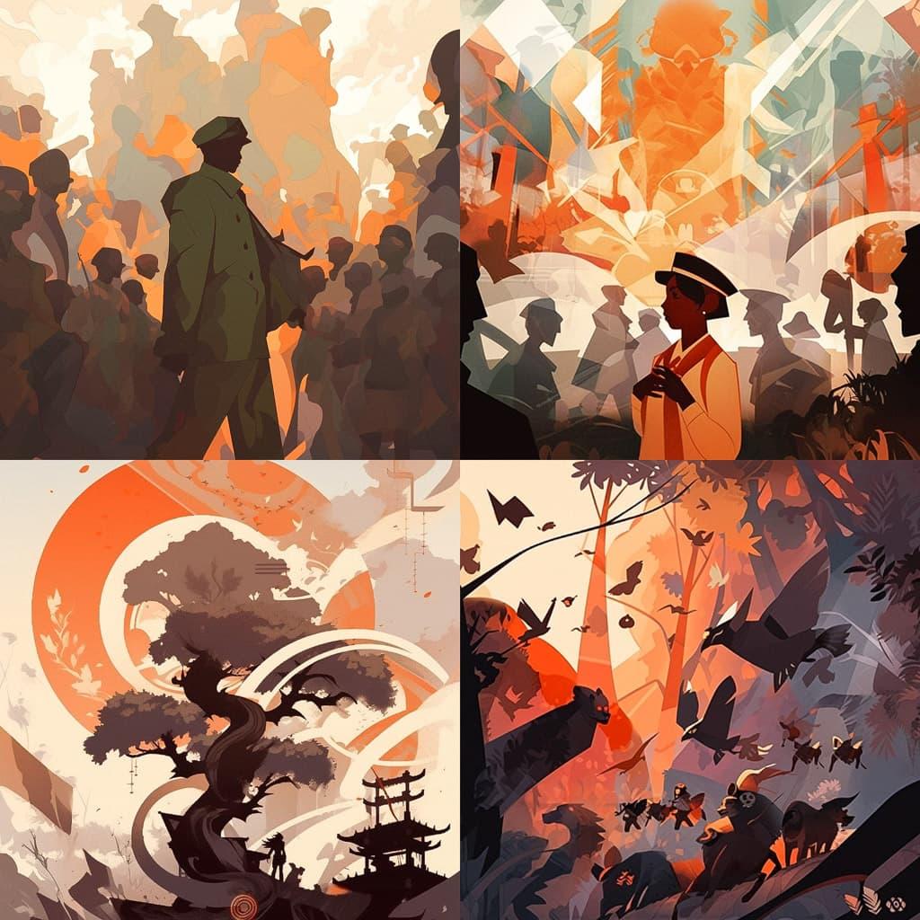 Aaron Douglas style, Midjourney Niji 5, render 1 of 4