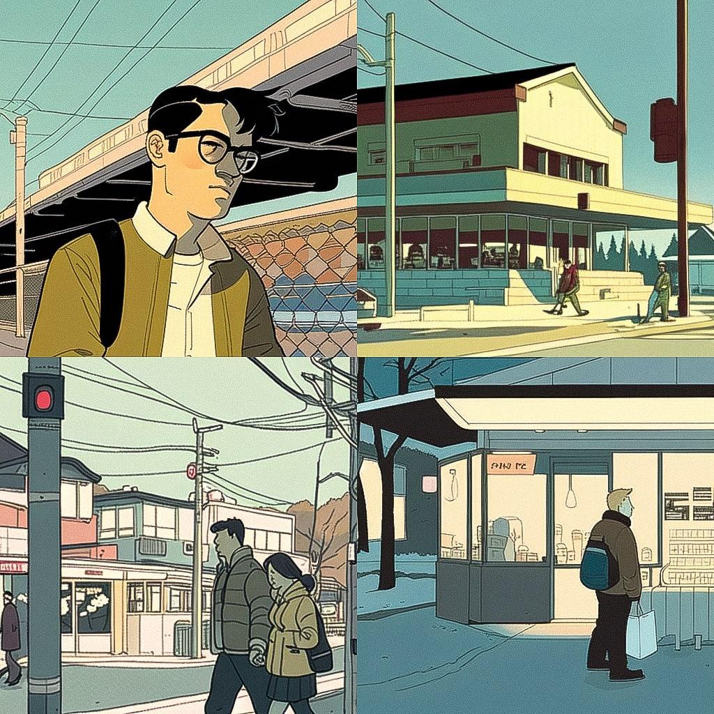 Adrian Tomine style, Midjourney Niji 4, render 1 of 4