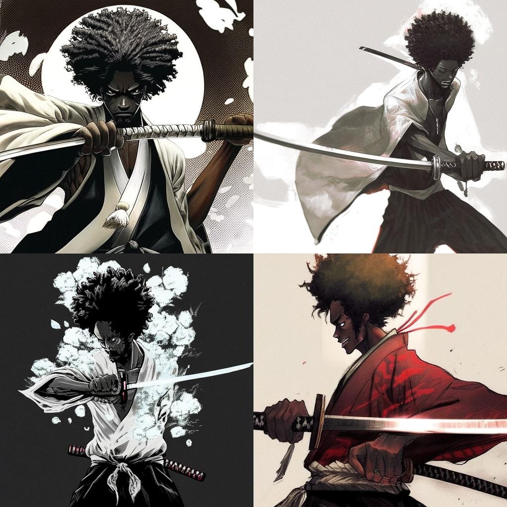 Afro Samurai style, Midjourney Niji 4, render 1 of 4