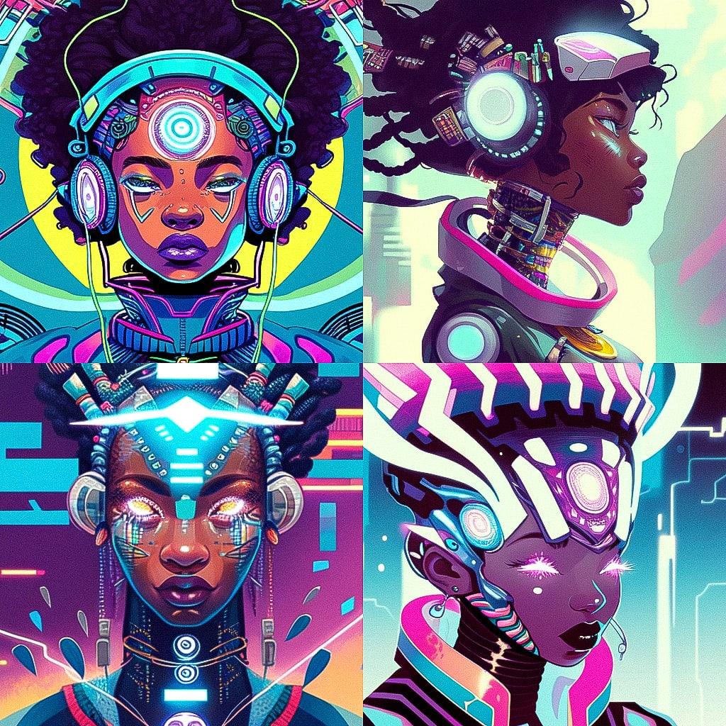 Afrofuturism style, Midjourney Niji 4, render 1 of 4