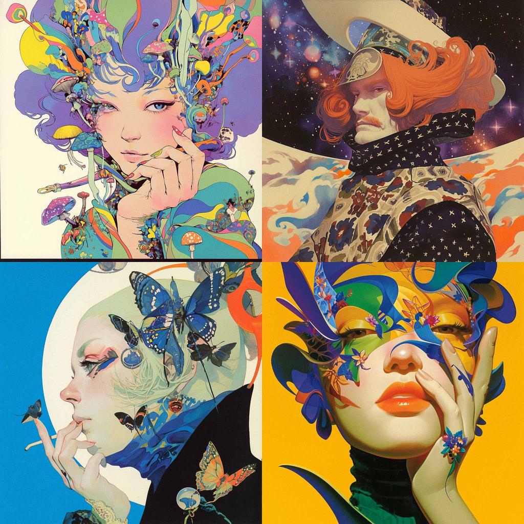 Alan Aldridge style, Midjourney Niji 6, render 1 of 4