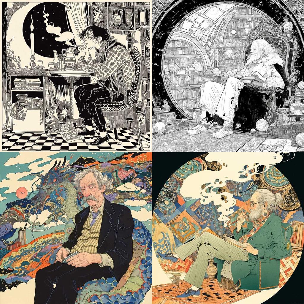 Alasdair Gray style, Midjourney Niji 5, render 1 of 4
