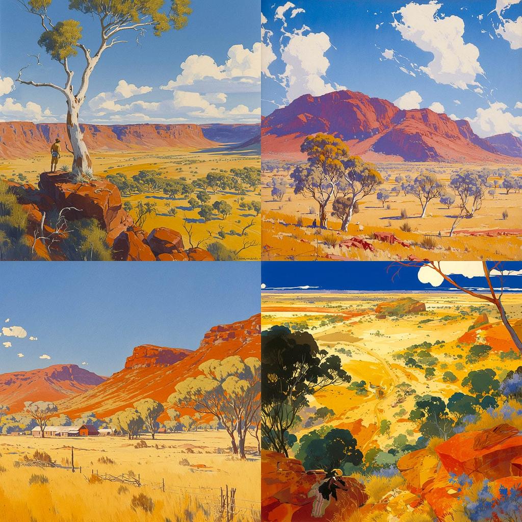 Albert Namatjira style, Midjourney Niji 5, render 1 of 4