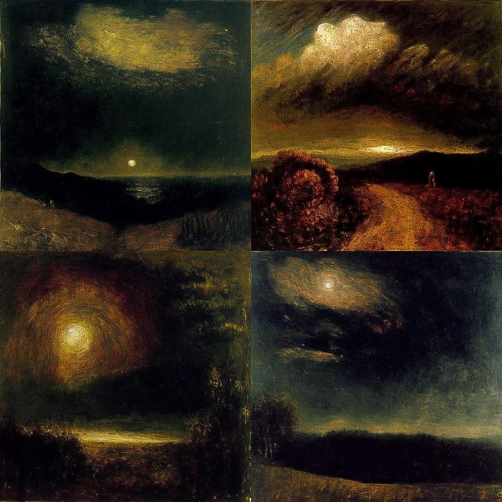 Albert Pinkham Ryder style, Midjourney Niji 4, render 1 of 4