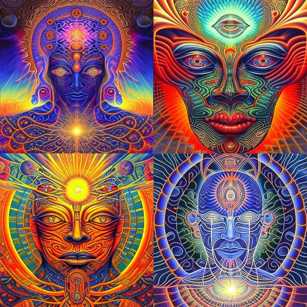 Alex Grey style, Midjourney Niji 4, render 1 of 4