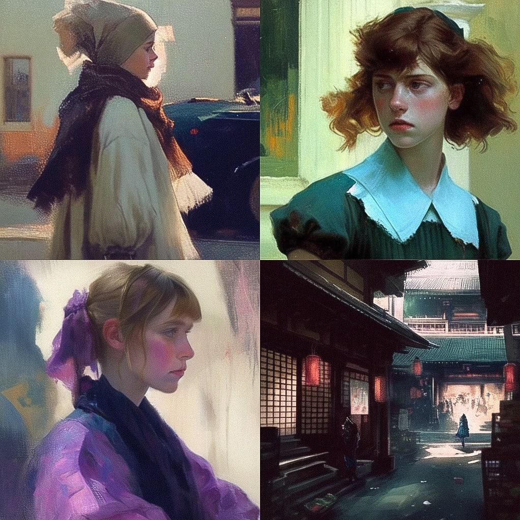 Alex Russell Flint style, Midjourney Niji 4, render 1 of 4