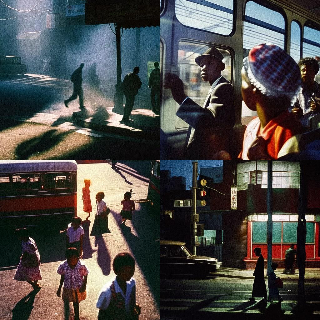 Alex Webb style, Midjourney Niji 5, render 1 of 4
