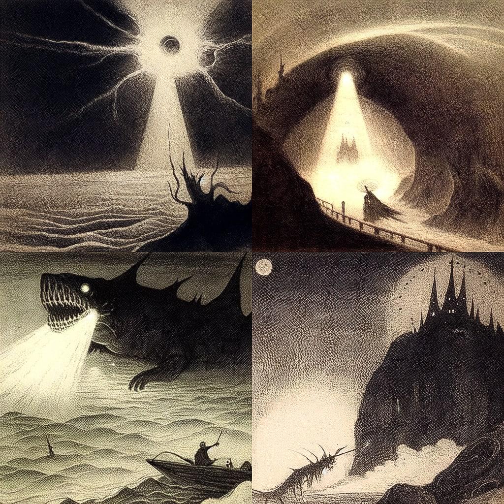 Alfred Kubin style, Midjourney Niji 4, render 1 of 4