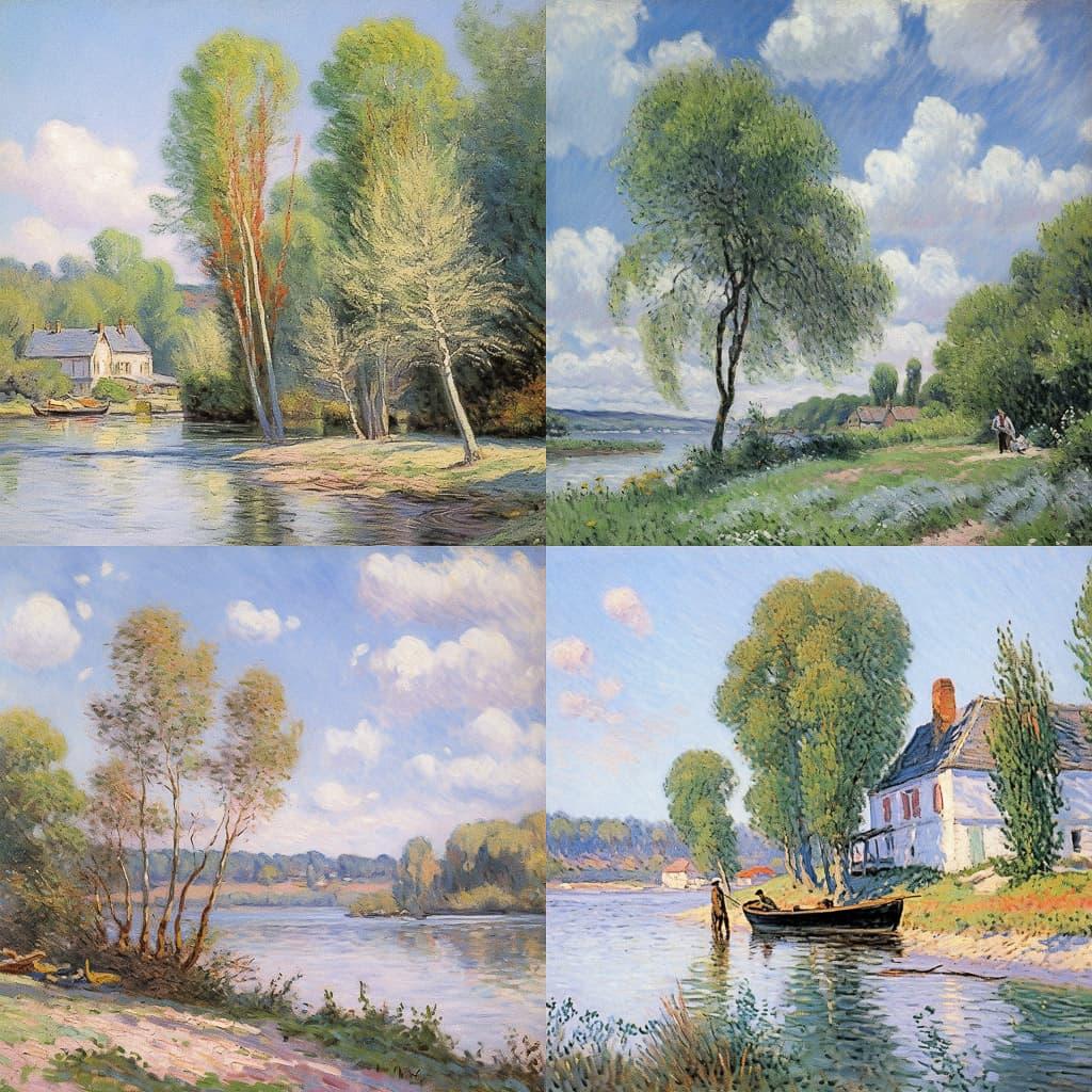 Alfred Sisley style, Midjourney Niji 5, render 1 of 4