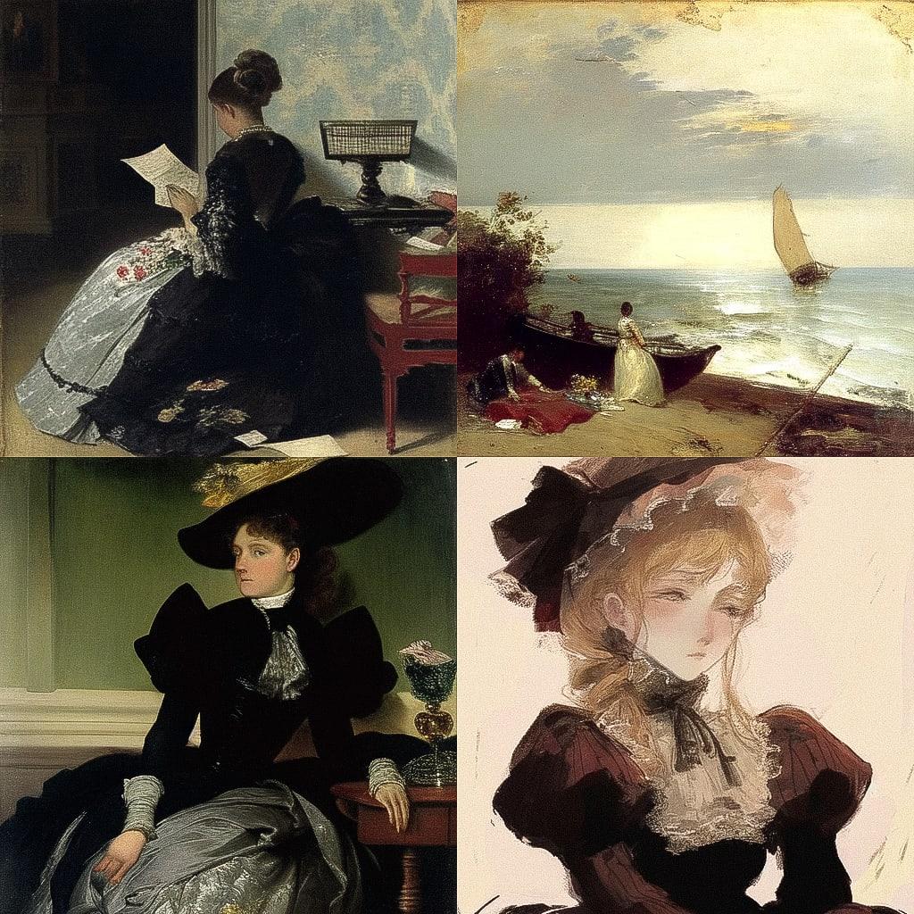 Alfred Stevens style, Midjourney Niji 4, render 1 of 4