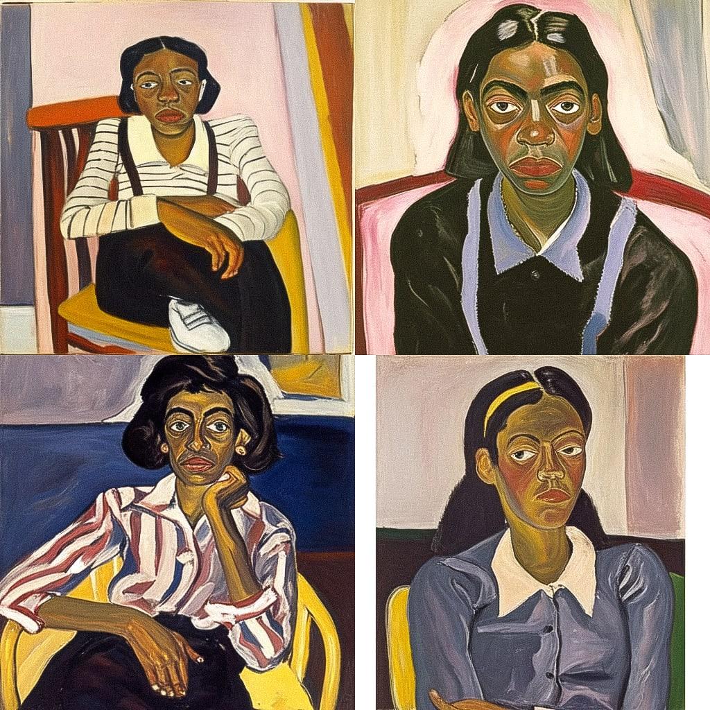 Alice Neel style, Midjourney Niji 4, render 1 of 4