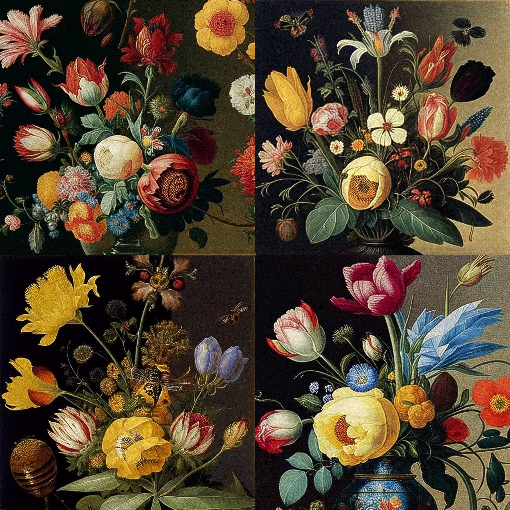 Ambrosius Bosschaert style, Midjourney Niji 4, render 1 of 4