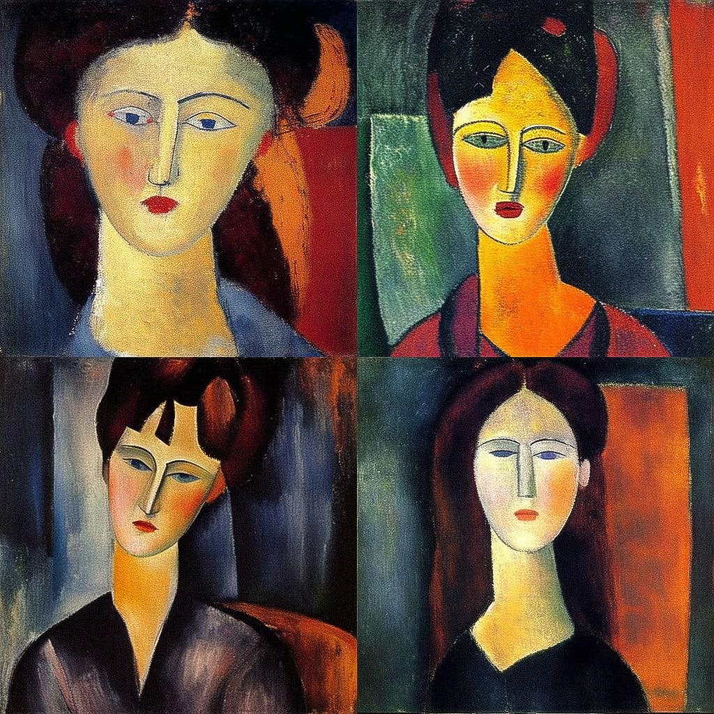 Amedeo Modigliani style, Midjourney Niji 4, render 1 of 4