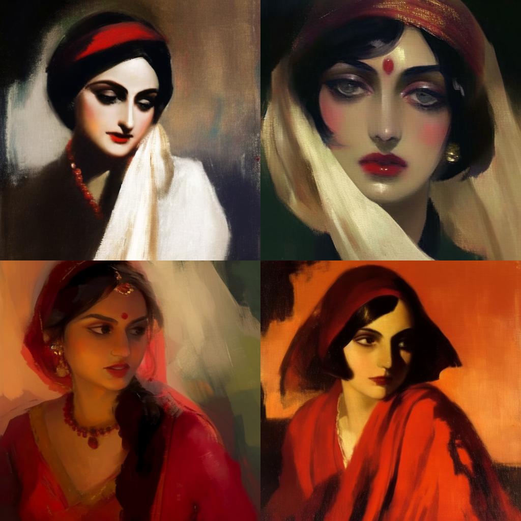 Amrita Sher-Gil style, Midjourney Niji 4, render 1 of 4