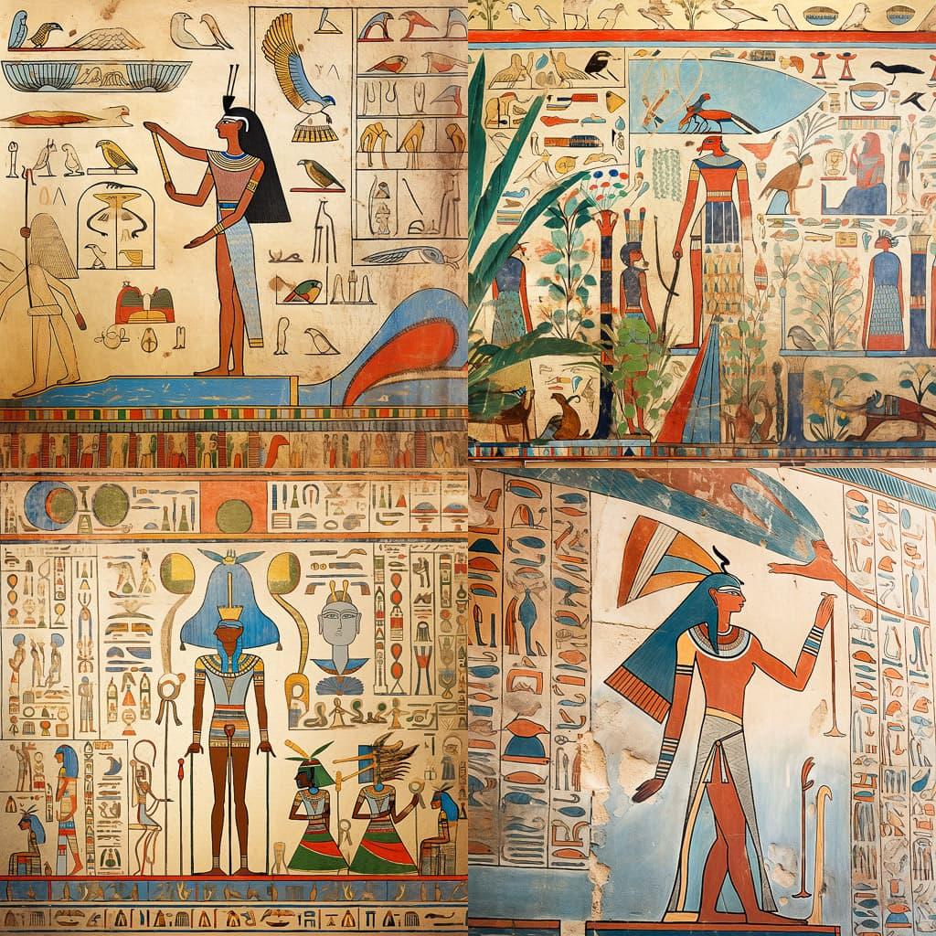 Ancient Egyptian mural style, Midjourney Niji 5, render 1 of 4