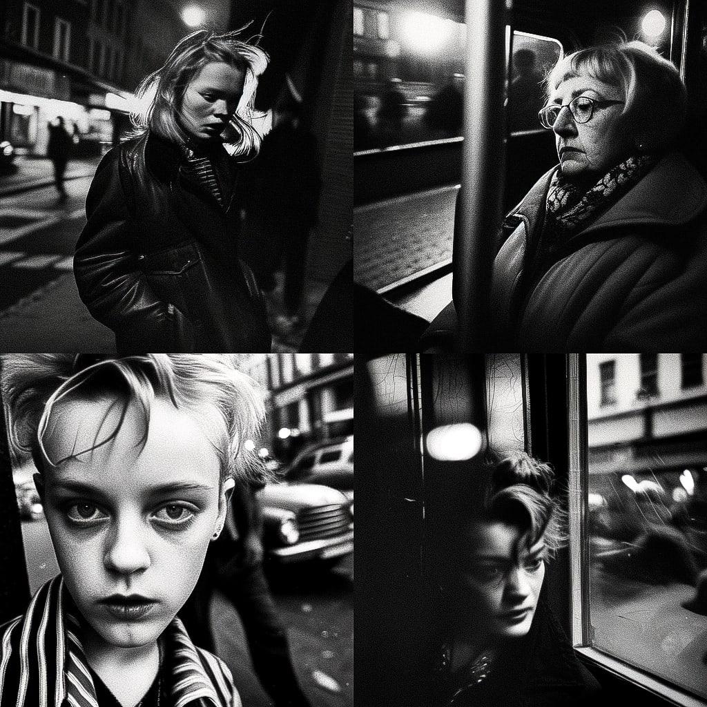 Anders Petersen style, Midjourney Niji 4, render 1 of 4