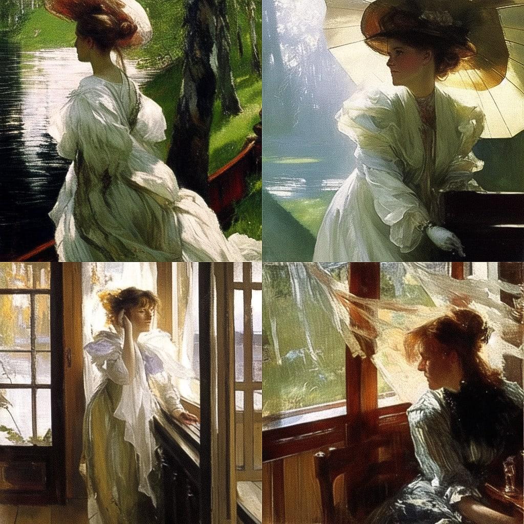 Anders Zorn style, Midjourney Niji 4, render 1 of 4