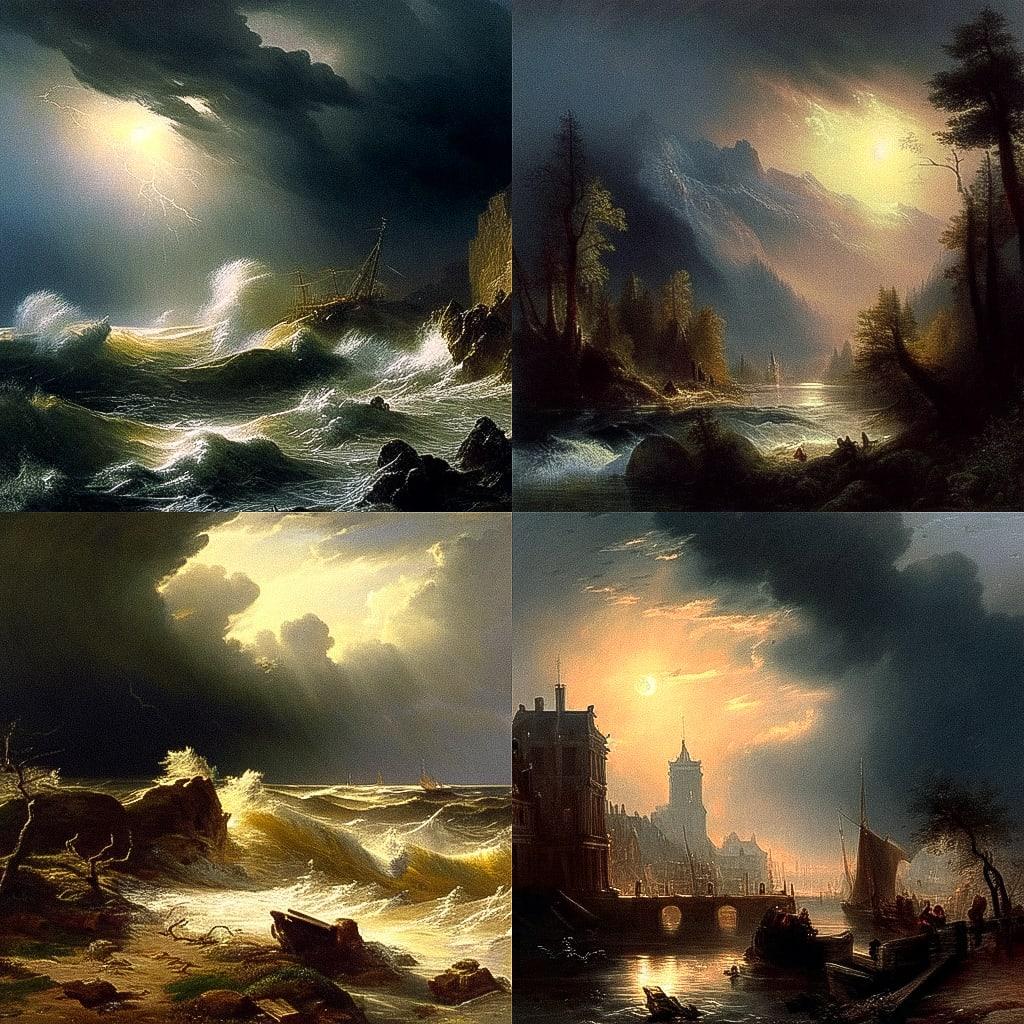 Andreas Achenbach style, Midjourney Niji 4, render 1 of 4