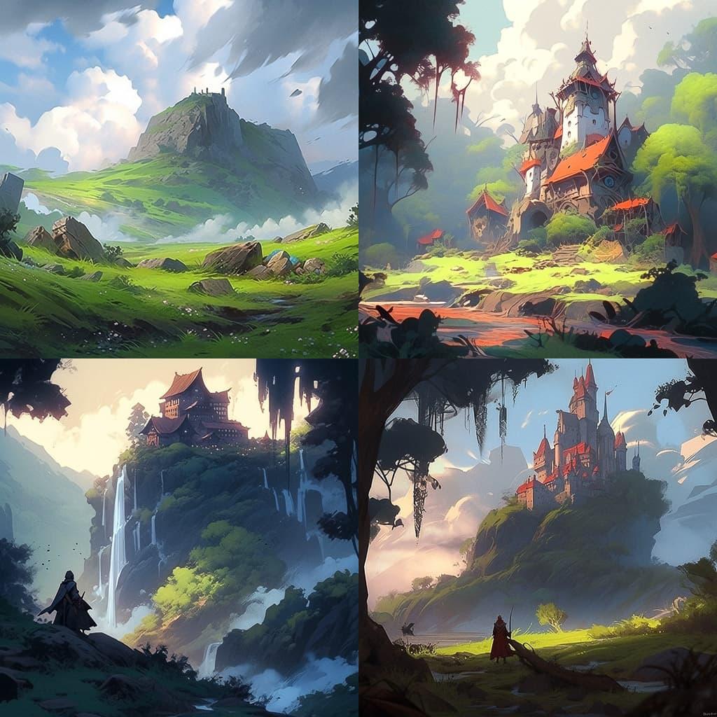 Andreas Rocha style, Midjourney Niji 5, render 1 of 4