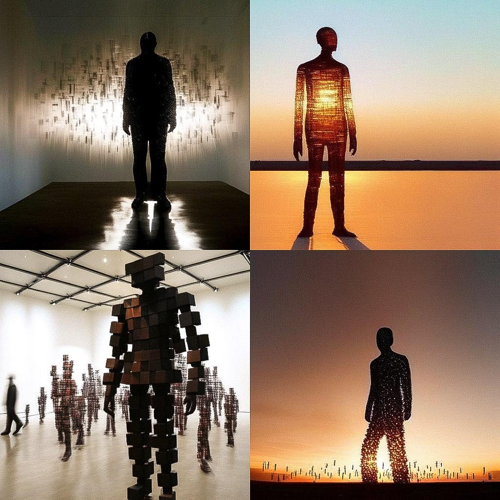 Antony Gormley style, Midjourney Niji 4, render 1 of 4