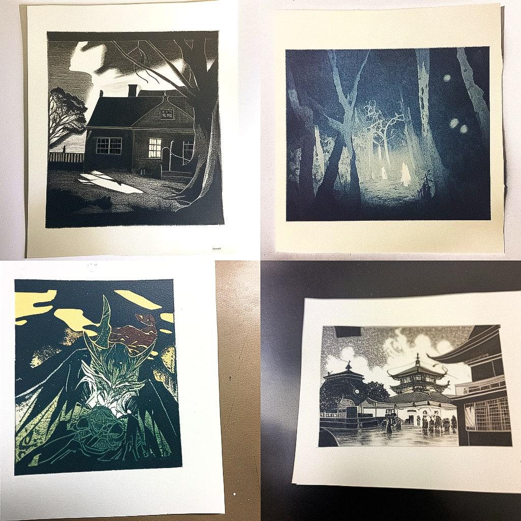 Aquatint print style, Midjourney Niji 4, render 1 of 4