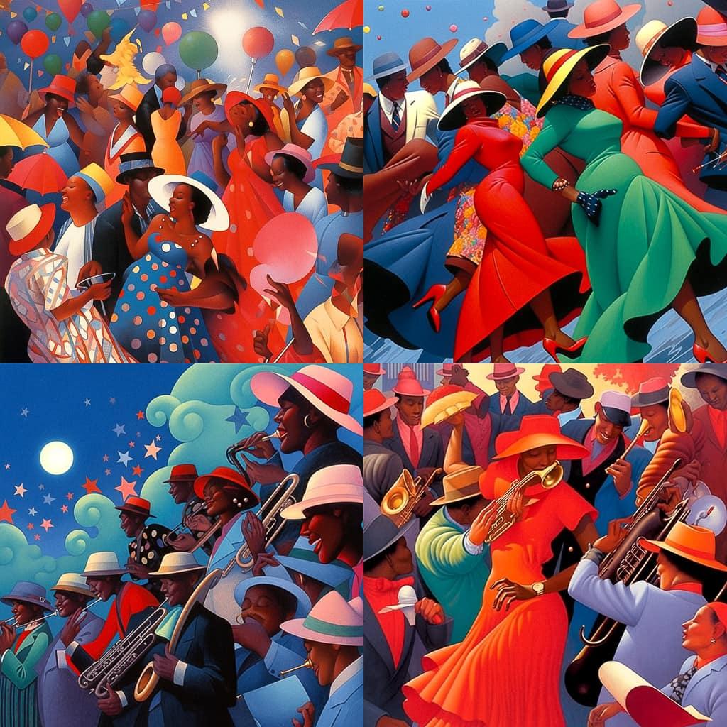 Archibald Motley style, Midjourney Niji 5, render 1 of 4