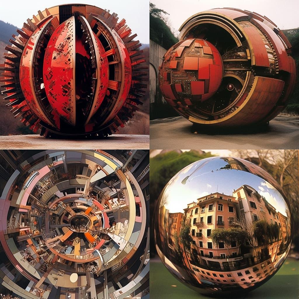 Arnaldo Pomodoro style, Midjourney Niji 5, render 1 of 4