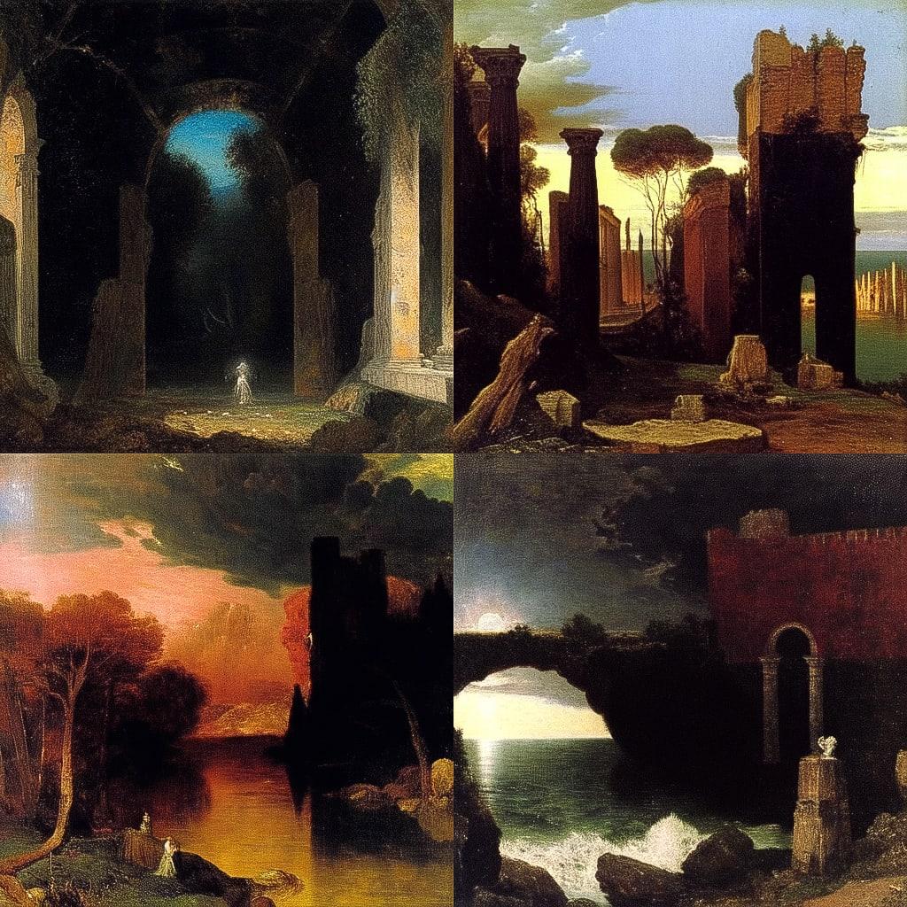 Arnold Bocklin style, Midjourney Niji 4, render 1 of 4