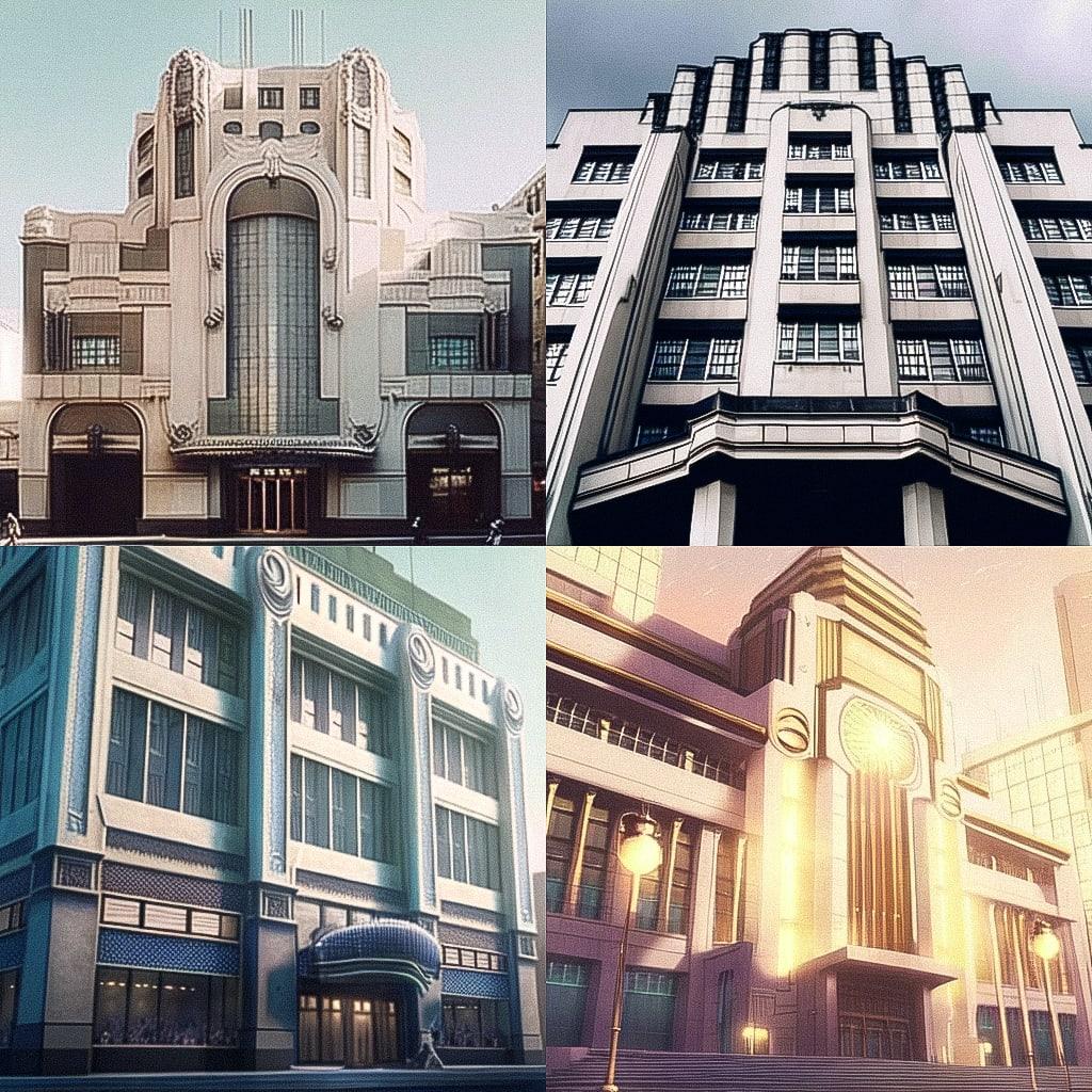 Art Deco architecture style, Midjourney Niji 4, render 1 of 4