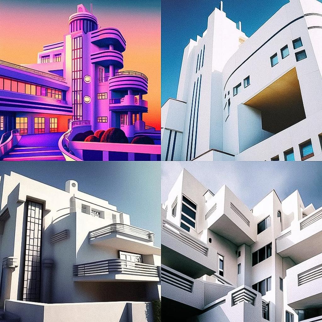 Art Moderne architecture style, Midjourney Niji 4, render 1 of 4