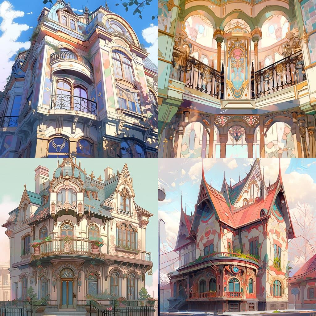 Art Nouveau architecture style, Midjourney Niji 4, render 1 of 4