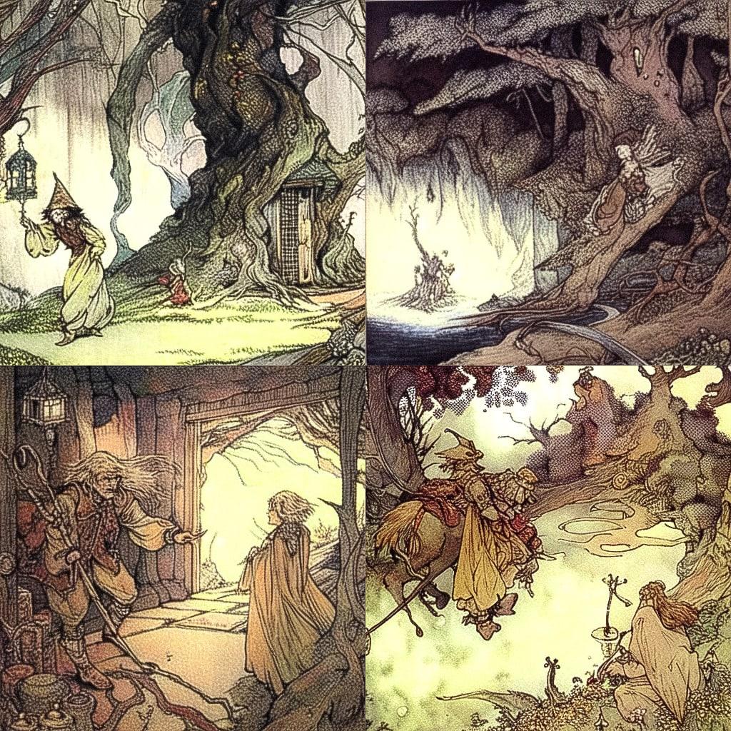 Arthur Rackham style, Midjourney Niji 4, render 1 of 4