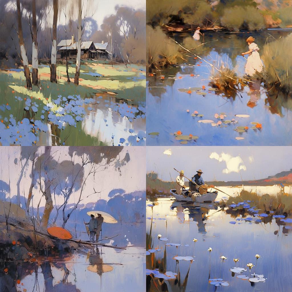 Arthur Streeton style, Midjourney Niji 4, render 1 of 4