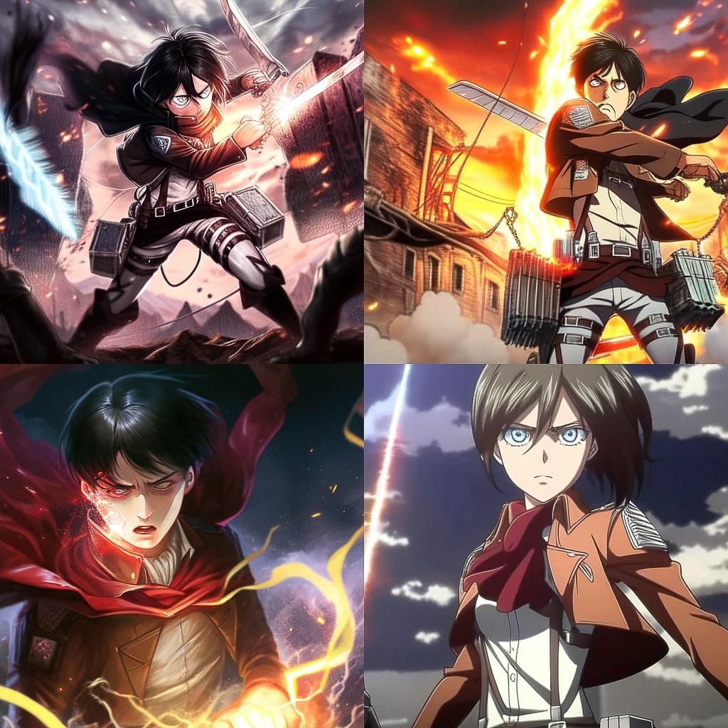 Attack on Titan style, Midjourney Niji 4, render 1 of 4