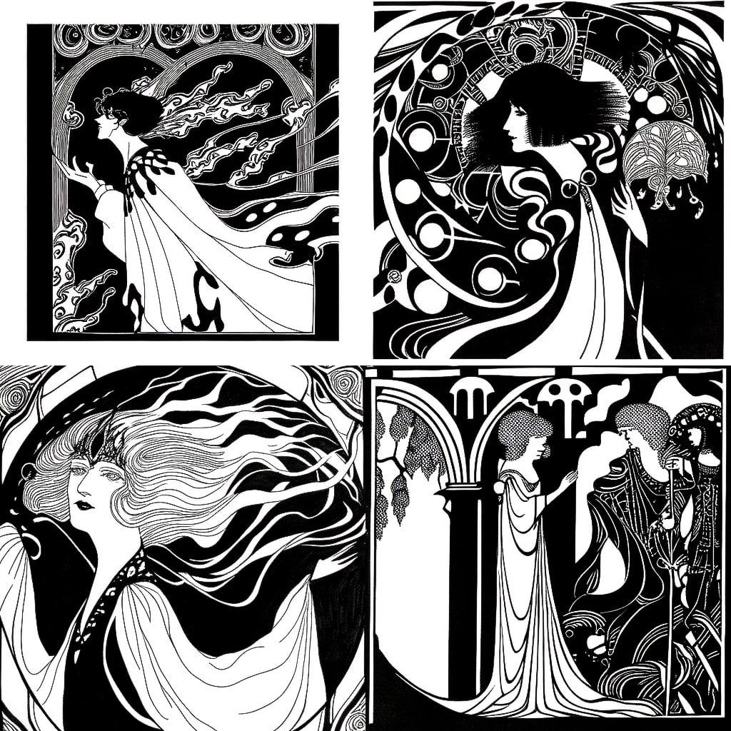 Aubrey Beardsley style, Midjourney Niji 4, render 1 of 4