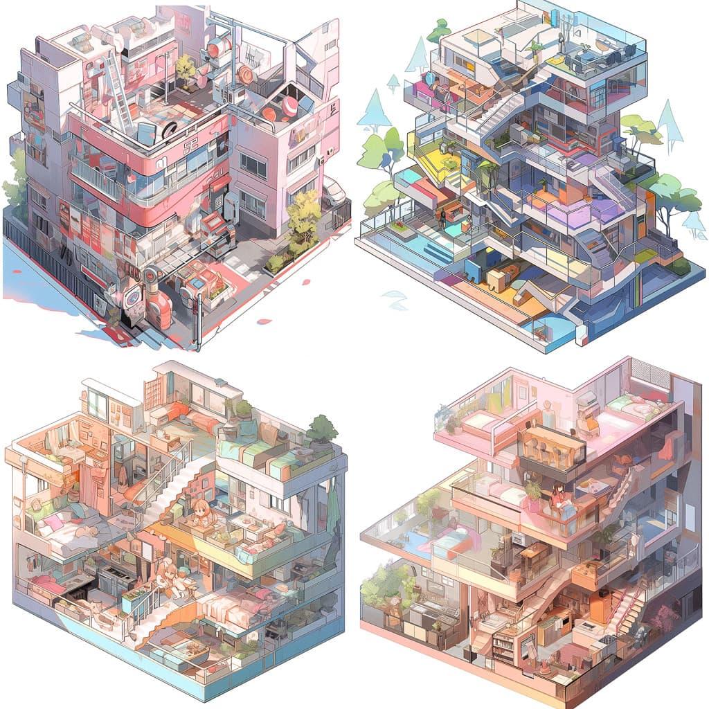 Axonometric view style, Midjourney Niji 5, render 1 of 4