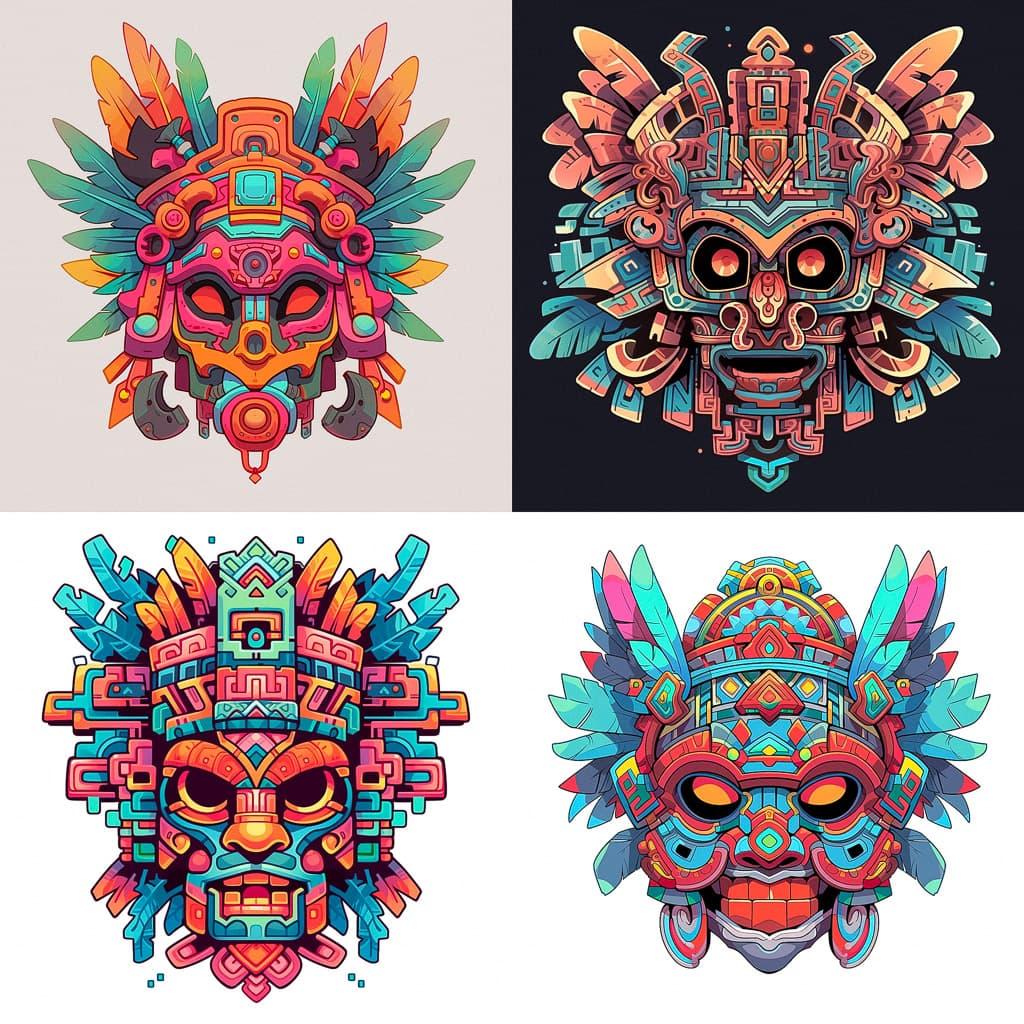 Aztec mask style, Midjourney Niji 5, render 1 of 4