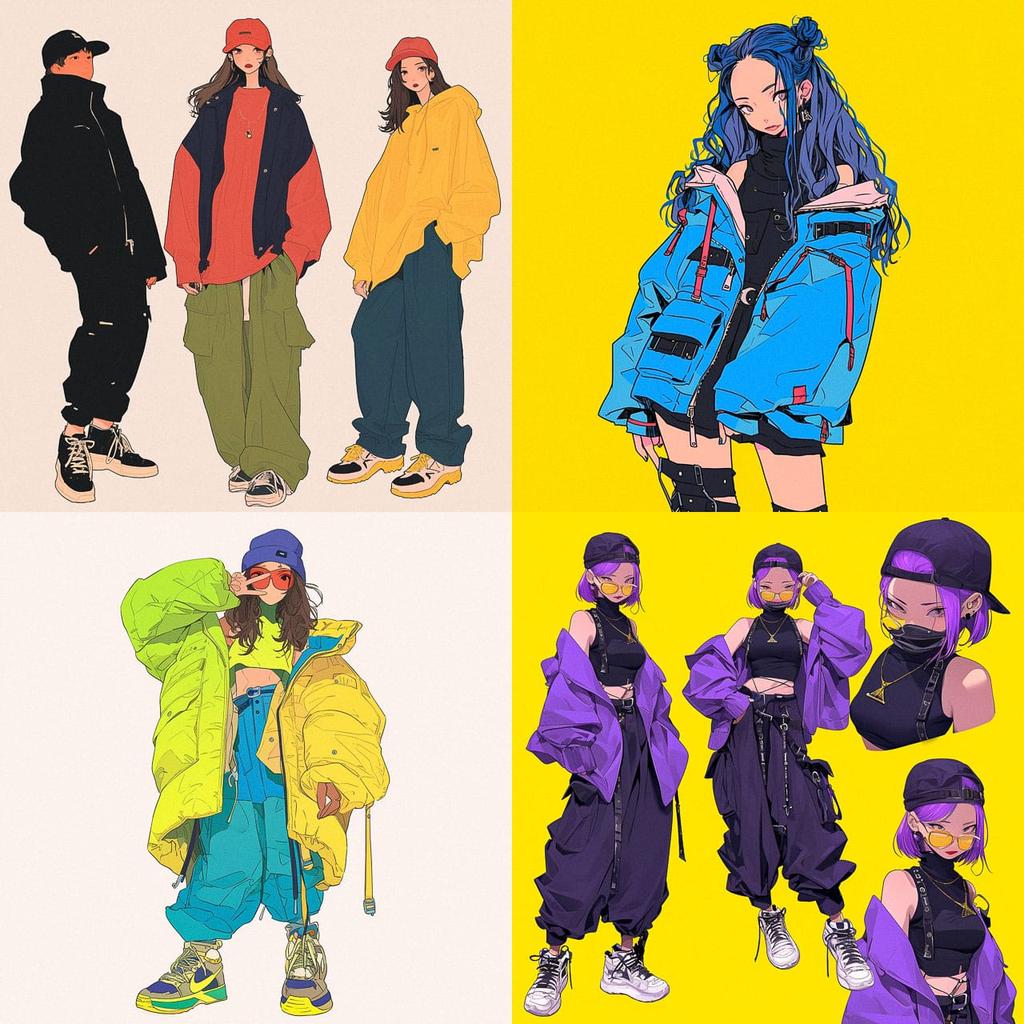 Baggy fashion style, Midjourney Niji 6, render 1 of 4
