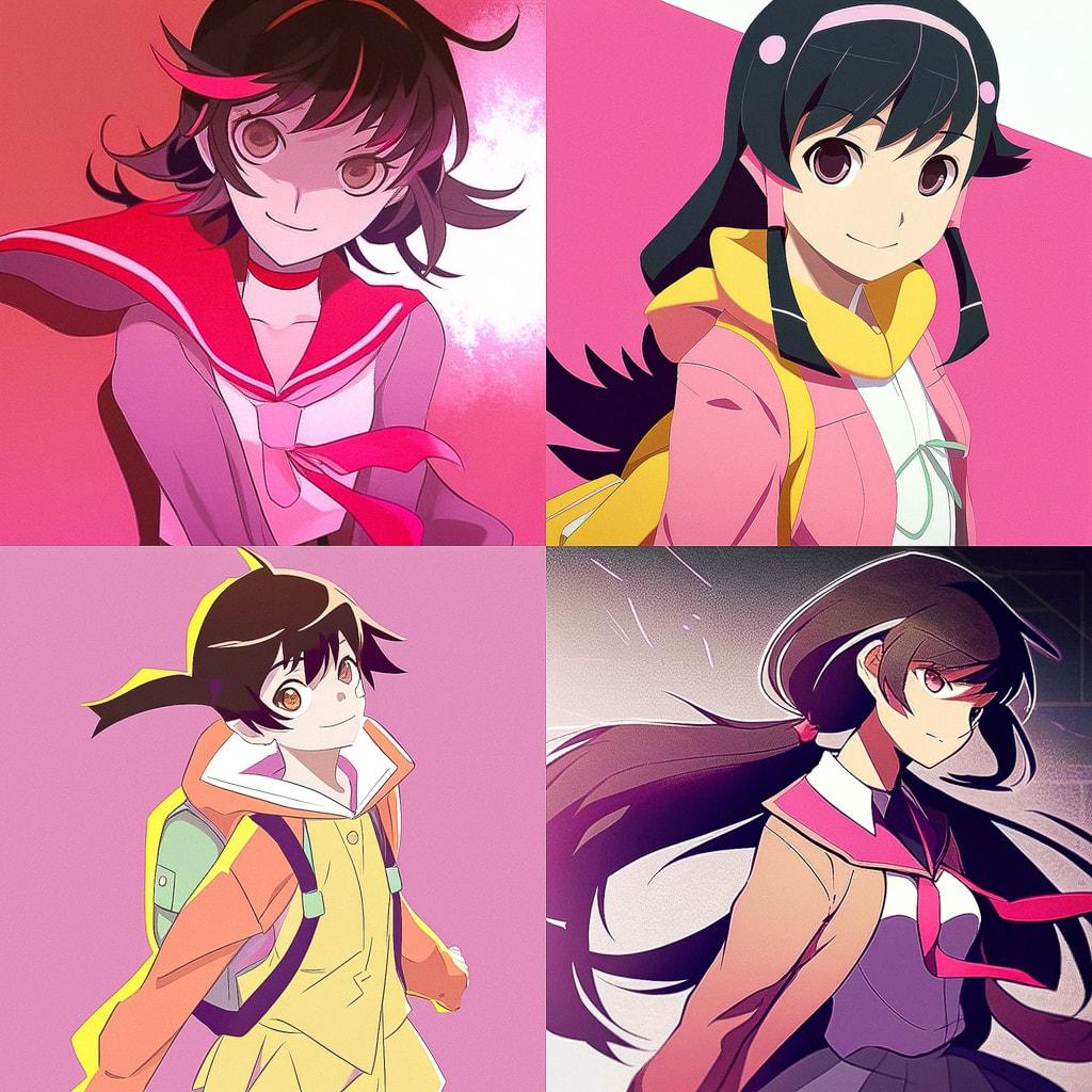 Bakemonogatari style, Midjourney Niji 4, render 1 of 4