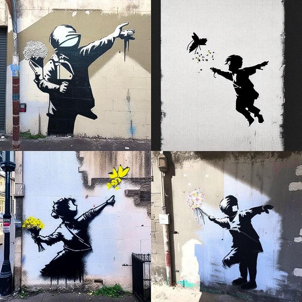 Banksy style, Midjourney Niji 4, render 1 of 4