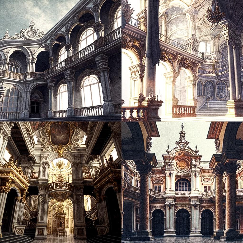 Baroque architecture style, Midjourney Niji 4, render 1 of 4