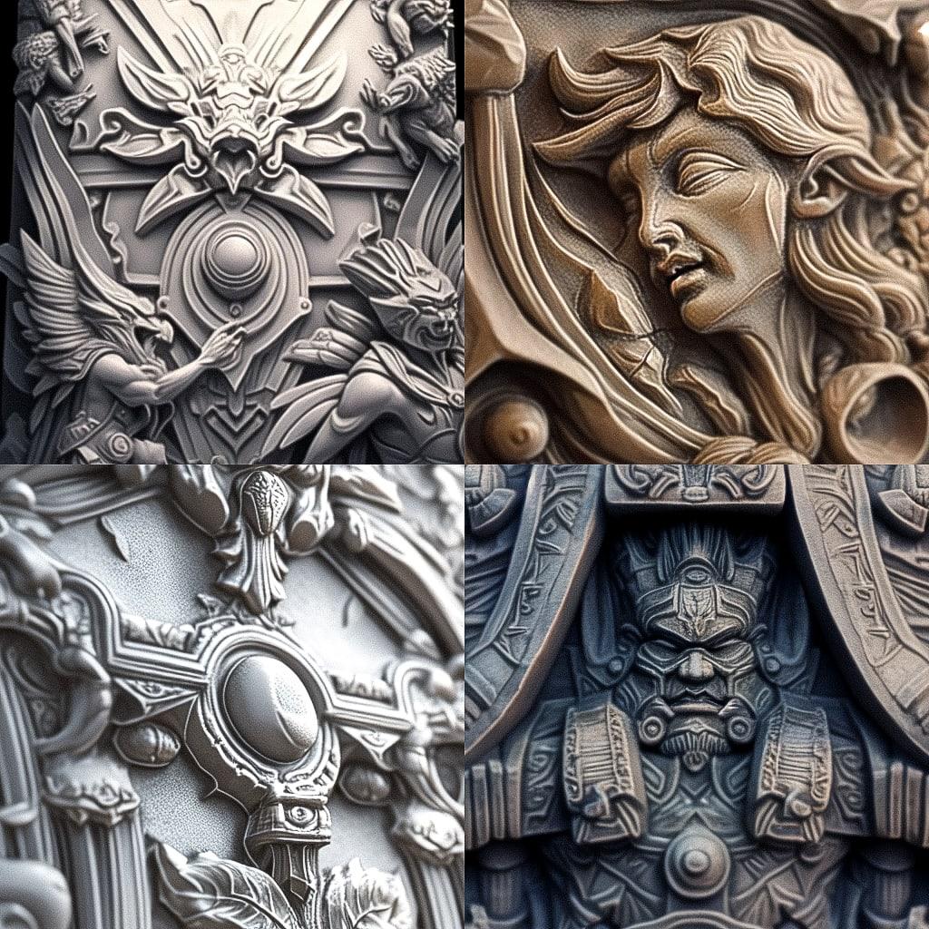 Bas-relief style, Midjourney Niji 4, render 1 of 4