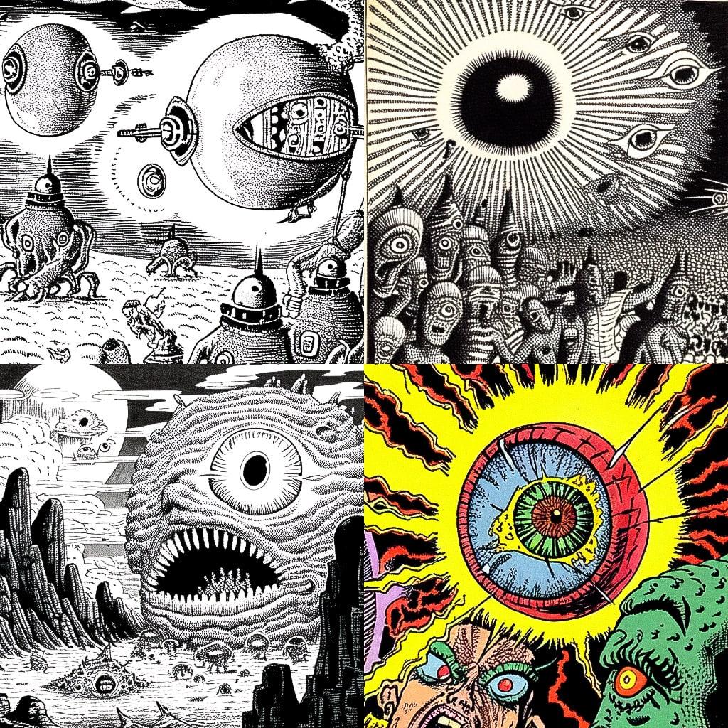 Basil Wolverton style, Midjourney Niji 4, render 1 of 4